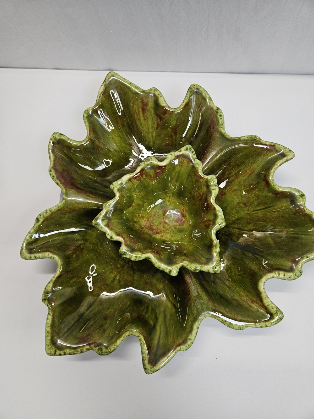 Vintage Holland Mold Ceramic Leaf Chip and Dip Set Retro Green Serving Platter
